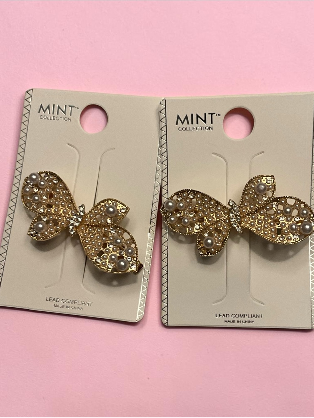 Mint Gold Bow Alligator Hair Clip with Pearls 2 included